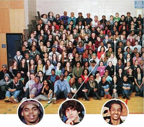 A 2011 Rindge and Latin yearbook photo included, from left, Stephen Silva, Dzhokhar Tsarnaev, and Robel Phillipos.
